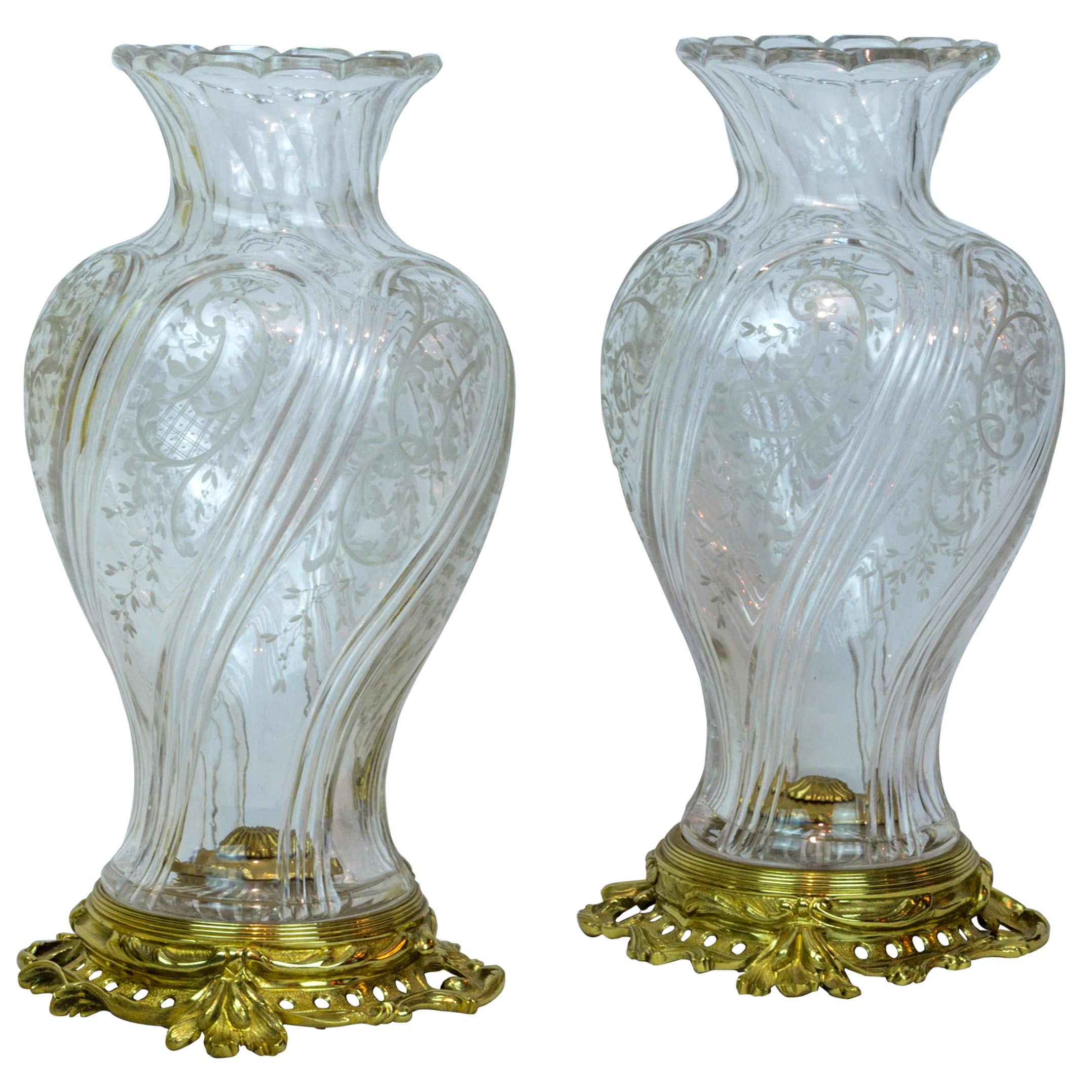 Pair of Baccarat Style Crystal and Bronze Twisted Form Vases