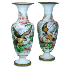 Vintage Large Pair of Tall Opaline Vases with Painted Bird and Floral Decorations