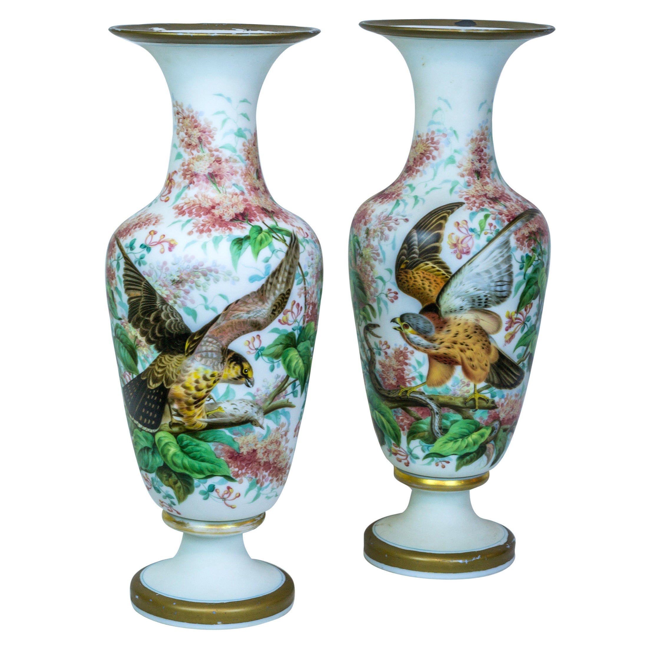 Large Pair of Tall Opaline Vases with Painted Bird and Floral Decorations For Sale