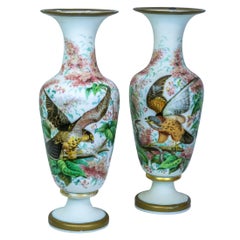Large Pair French 19th Century Floral and Bird Painted Opaline Glass Vases