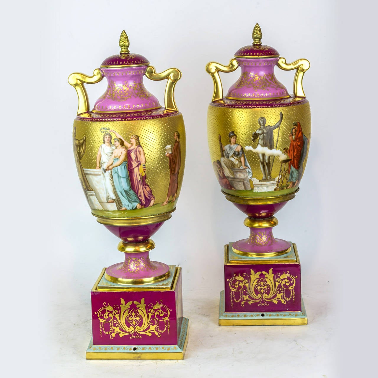 20th Century Magnificent Pair of Royal Vienna Neoclassical Painted Porcelain Covered Vases