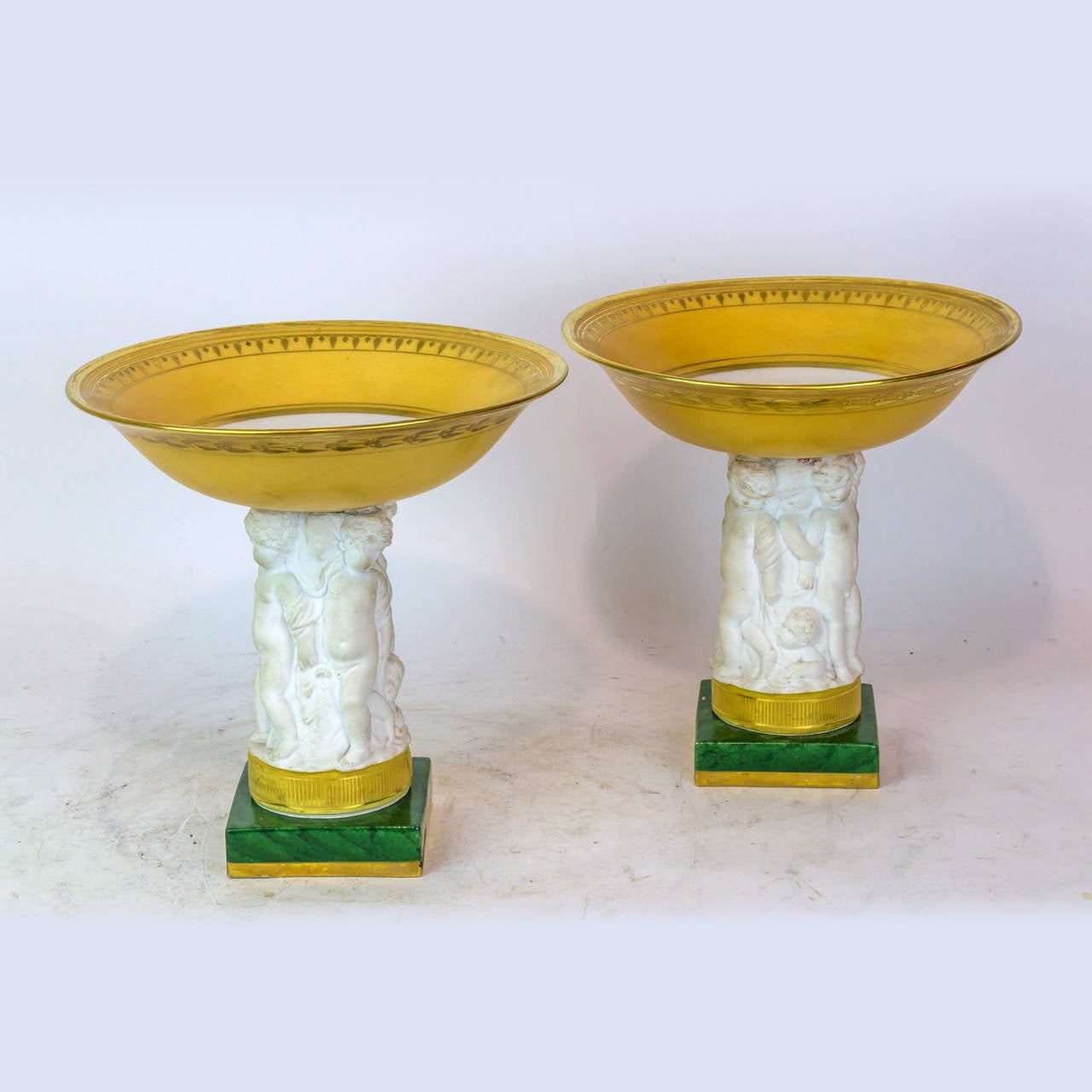 A pair of Paris porcelain bisque figural footed tazza centerpieces with cherubs.
Stock number: DA84.