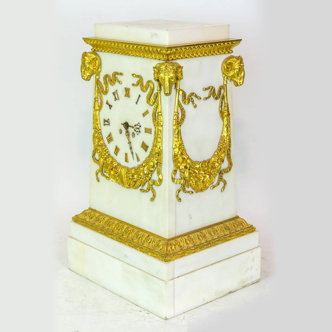 French White Marble and Bronze Neoclassical Mantel Clock with Ram's Head