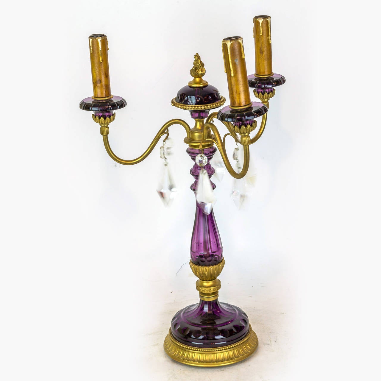 20th Century Pair of Amethyst Colored Glass and Gilt Metal Three-Arm Candelabras