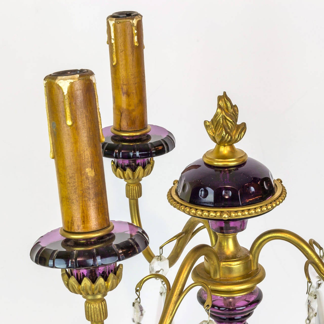 Pair of Amethyst Colored Glass and Gilt Metal Three-Arm Candelabras In Excellent Condition In New York, NY