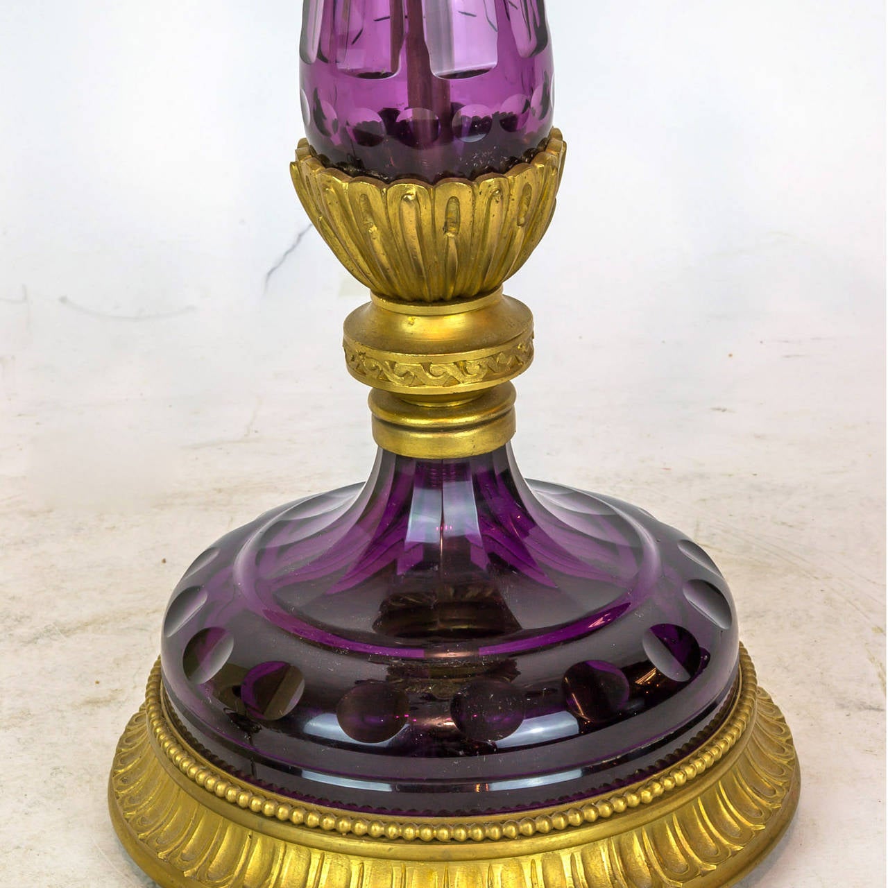 French Pair of Amethyst Colored Glass and Gilt Metal Three-Arm Candelabras