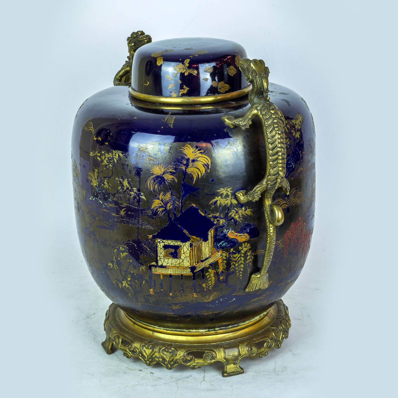 19th Century Oriental Porcelain Covered Jar with French Bronze Mounted Dragon Handles