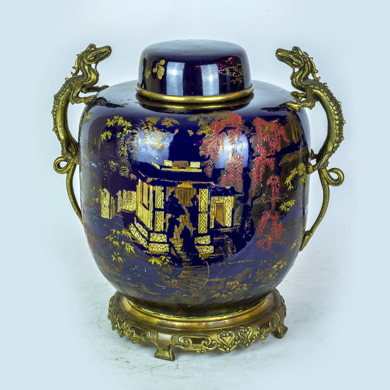 Adirondack Oriental Porcelain Covered Jar with French Bronze Mounted Dragon Handles