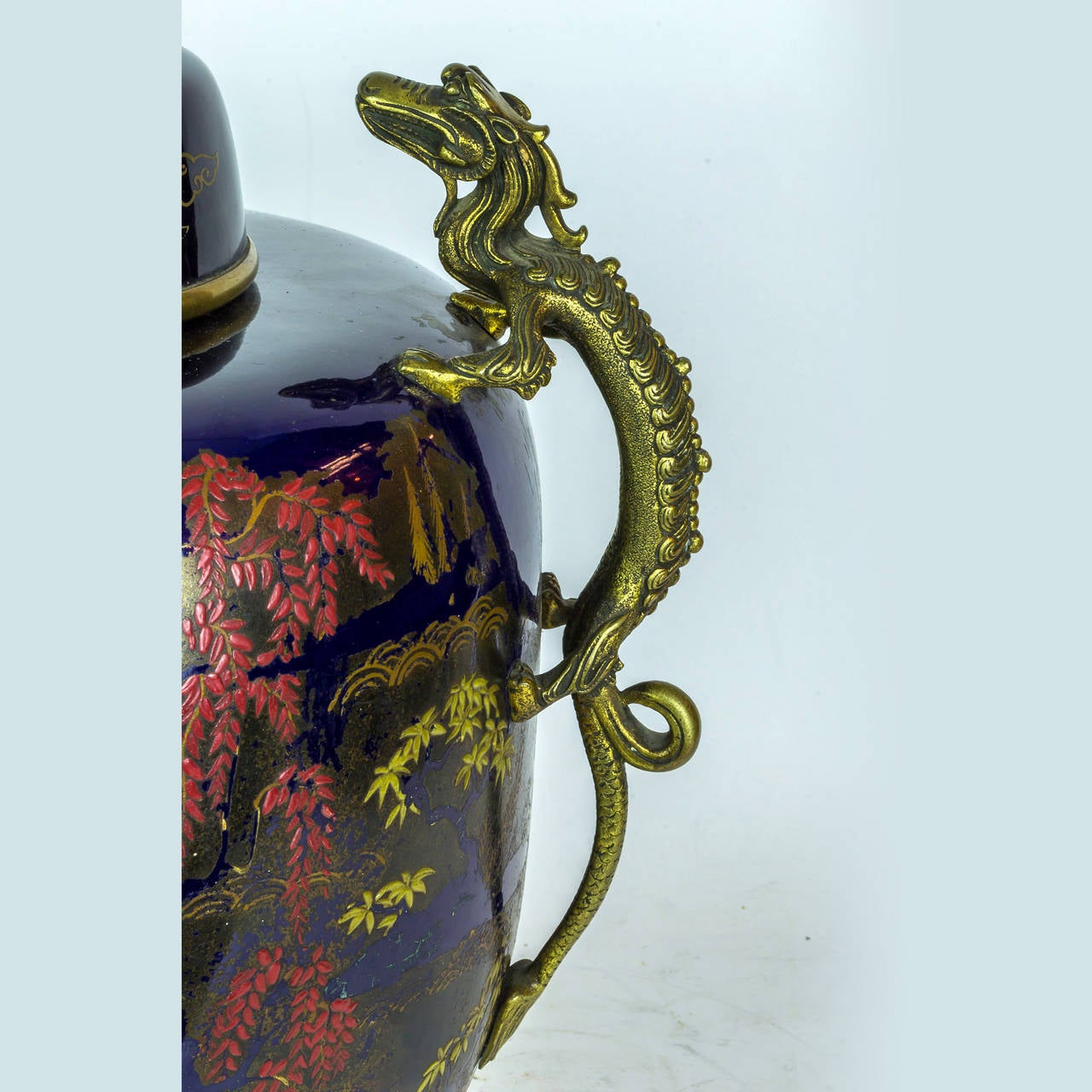 Oriental Porcelain Covered Jar with French Bronze Mounted Dragon Handles In Good Condition In New York, NY