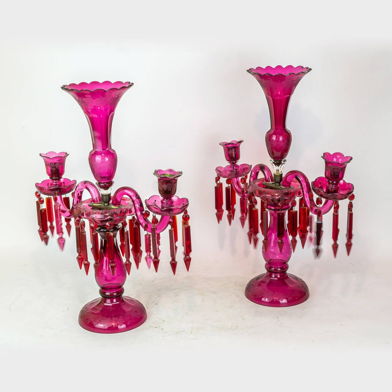 Pair of Amathyst Color Glass TwoArm Candelabras For Sale at 1stDibs