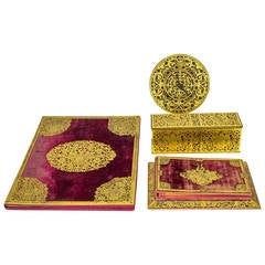 Set of Four-Piece Gilt Metal and Velvet Desk Set, Attributed to Caldwell & Co.