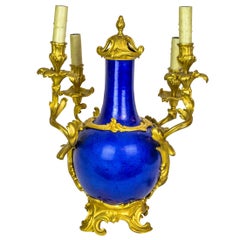 Fine Blue Porcelain and Bronze Louis XV Style Four-Light Candelabra Centerpiece