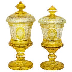 Fine Pair of German Etched Crystal Amber Covered Pokols
