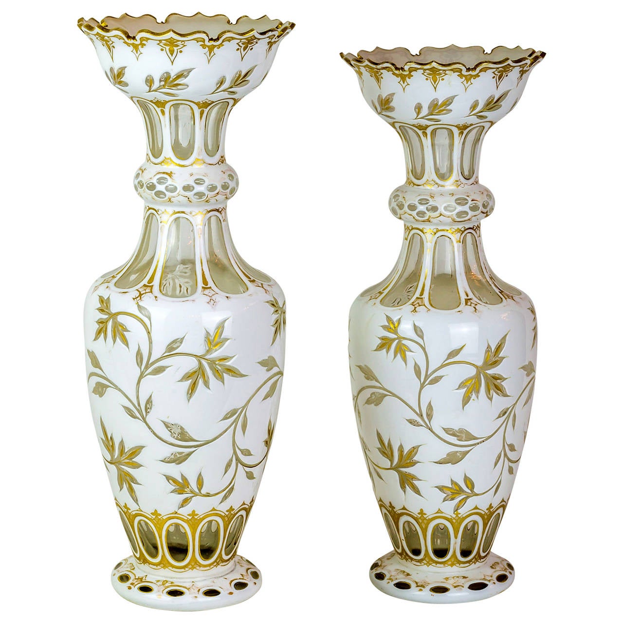 Pair of Bohemian White Tall Overlay Crystal Glass Vases For Sale at 1stdibs