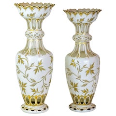Pair of Bohemian White Tall Overlay Crystal Glass Vases