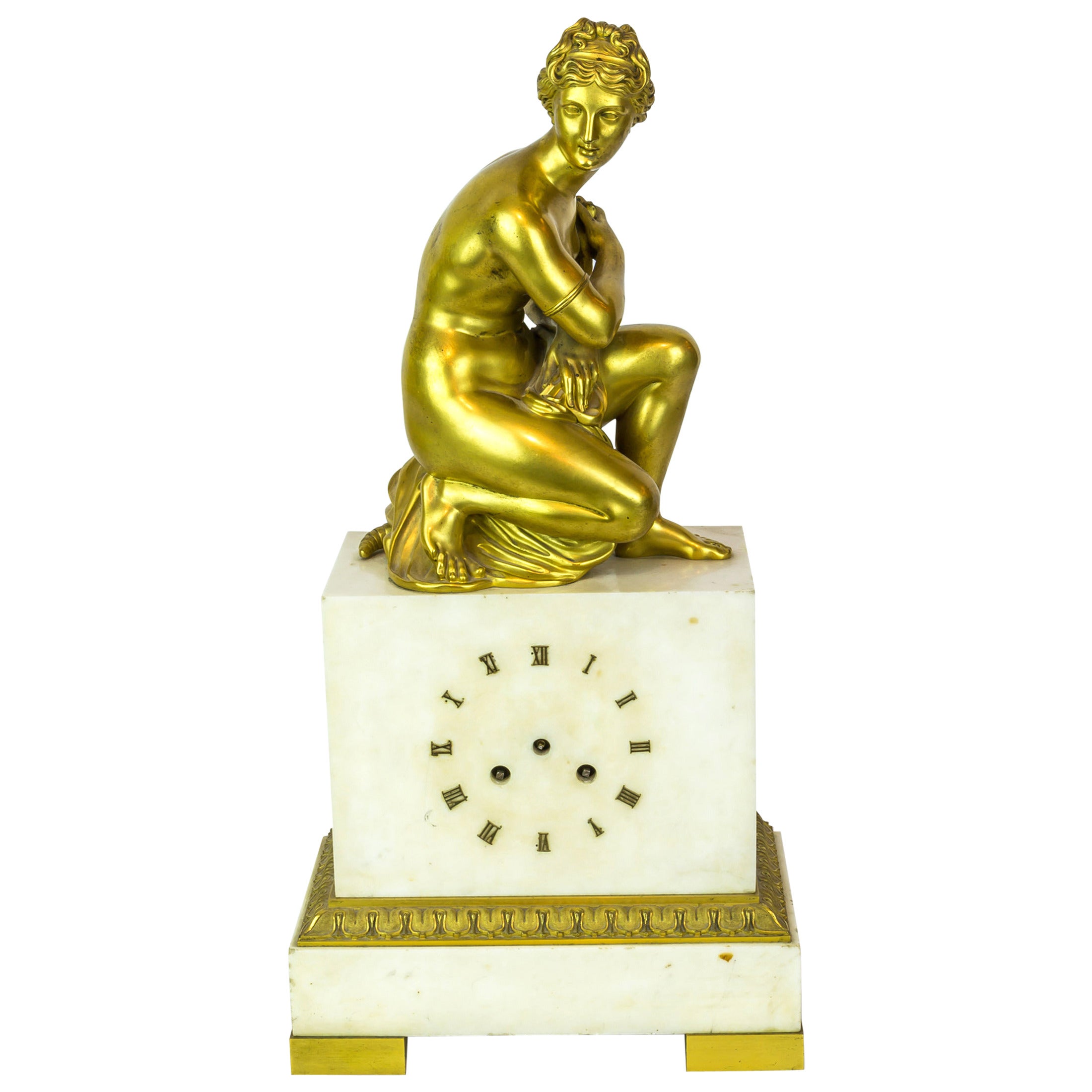 Gilt Bronze and White Marble Neoclassical Figural Mantel Clock