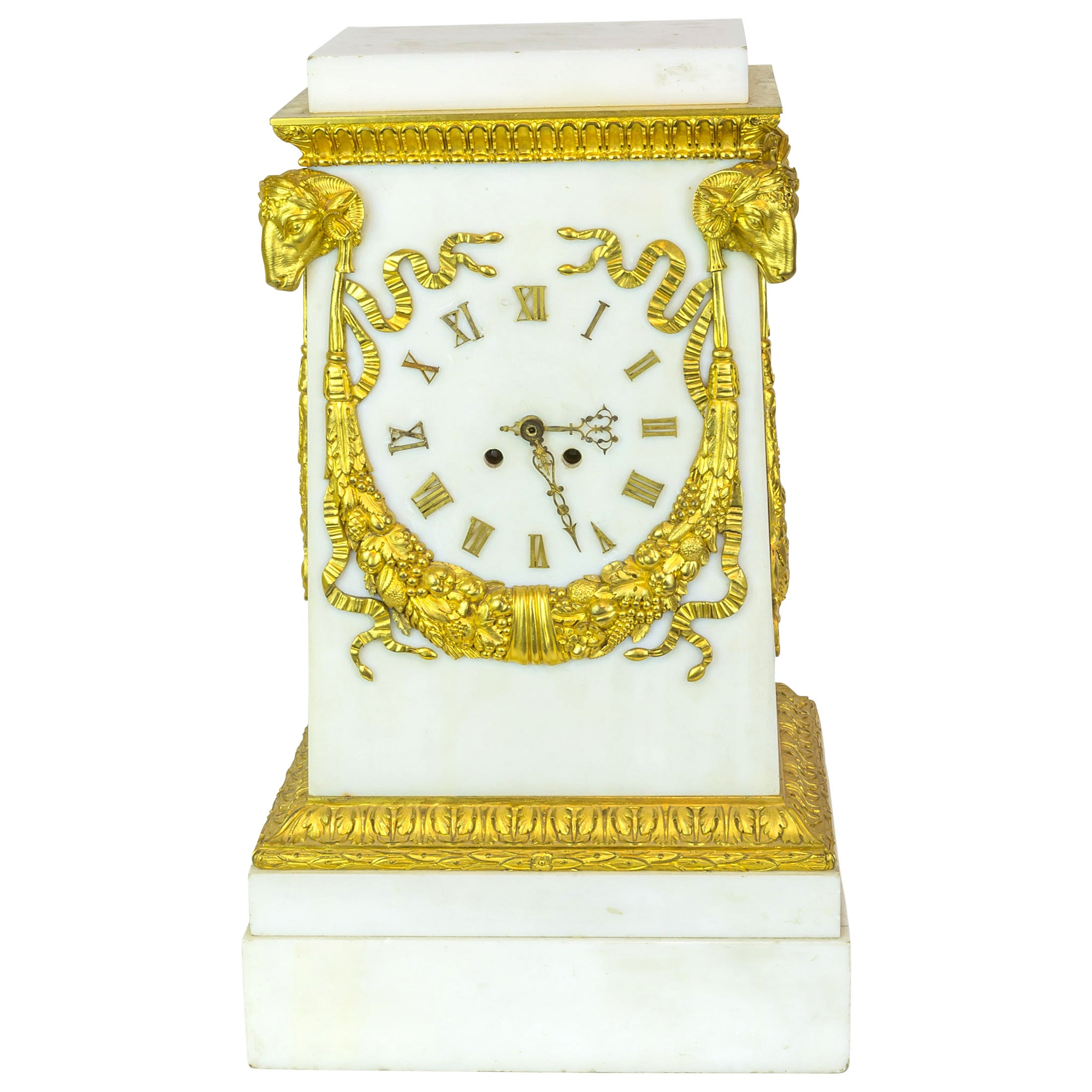 White Marble and Bronze Neoclassical Mantel Clock with Ram's Head