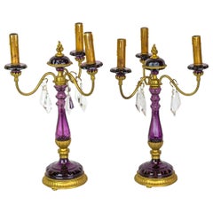 Vintage Pair of Amethyst Colored Glass and Gilt Metal Three-Arm Candelabras