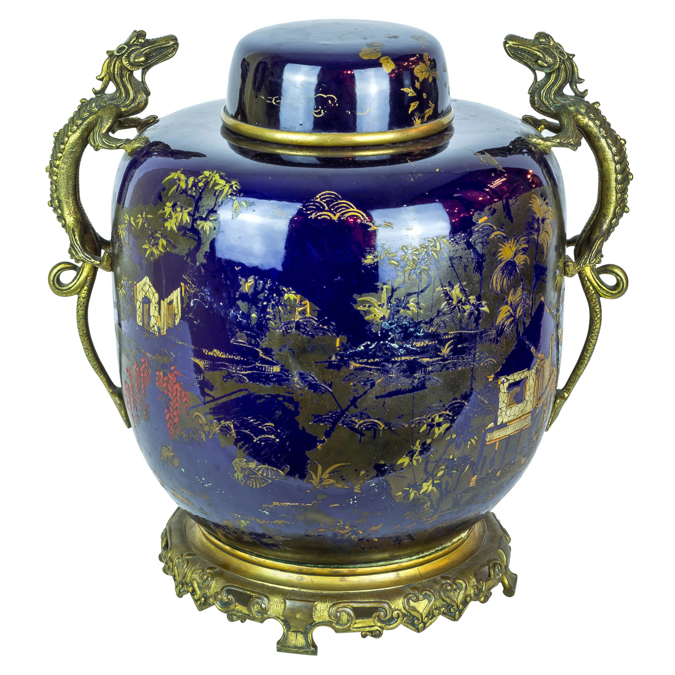 Oriental Porcelain Covered Jar with French Bronze Mounted Dragon Handles