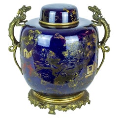 Antique Oriental Porcelain Covered Jar with French Bronze Mounted Dragon Handles