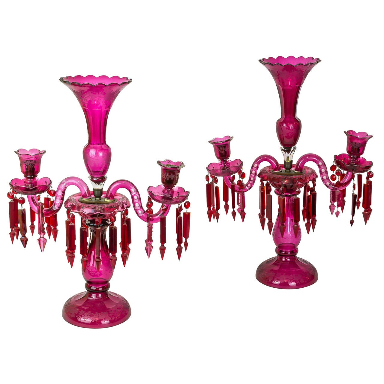 Pair of Amathyst Color Glass TwoArm Candelabras For Sale at 1stDibs