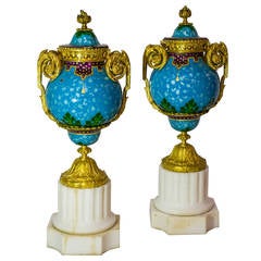 Fine Pair of Celeste Blue Enamel and Bronze Covered Urns on White Marble Base