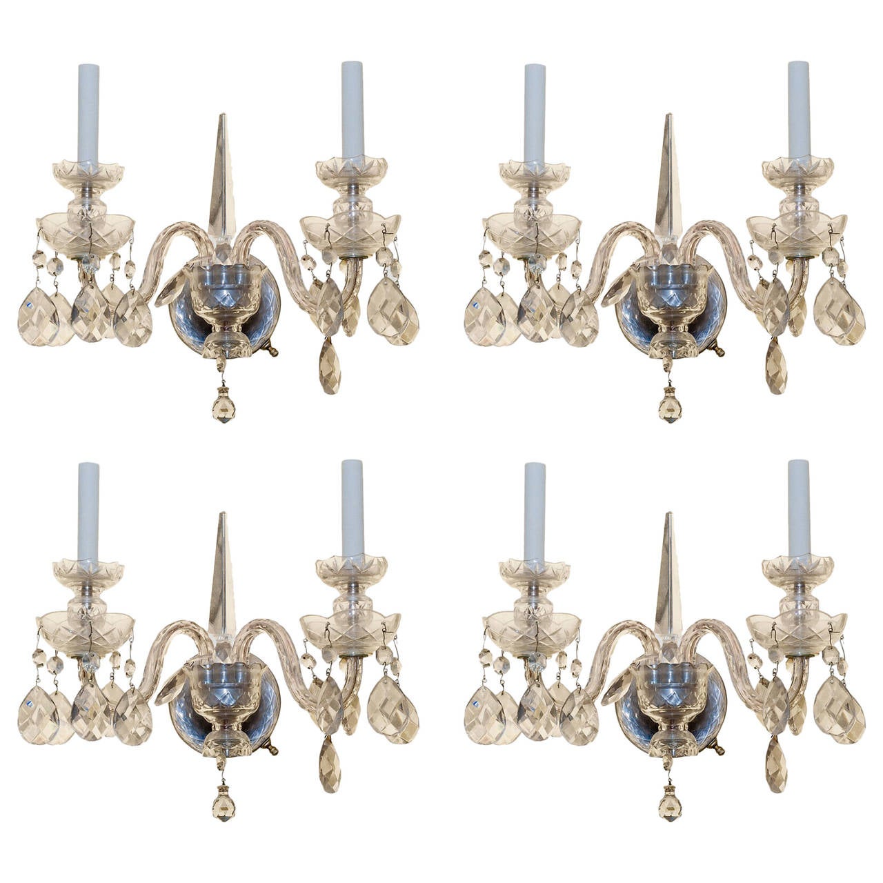 Set of Four Etched Crystal Glass Two-Arm Wall Light Sconces For Sale at 1stdibs