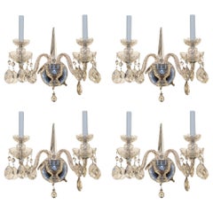 Set of Four Etched Crystal Glass Two-Arm Wall Light Sconces
