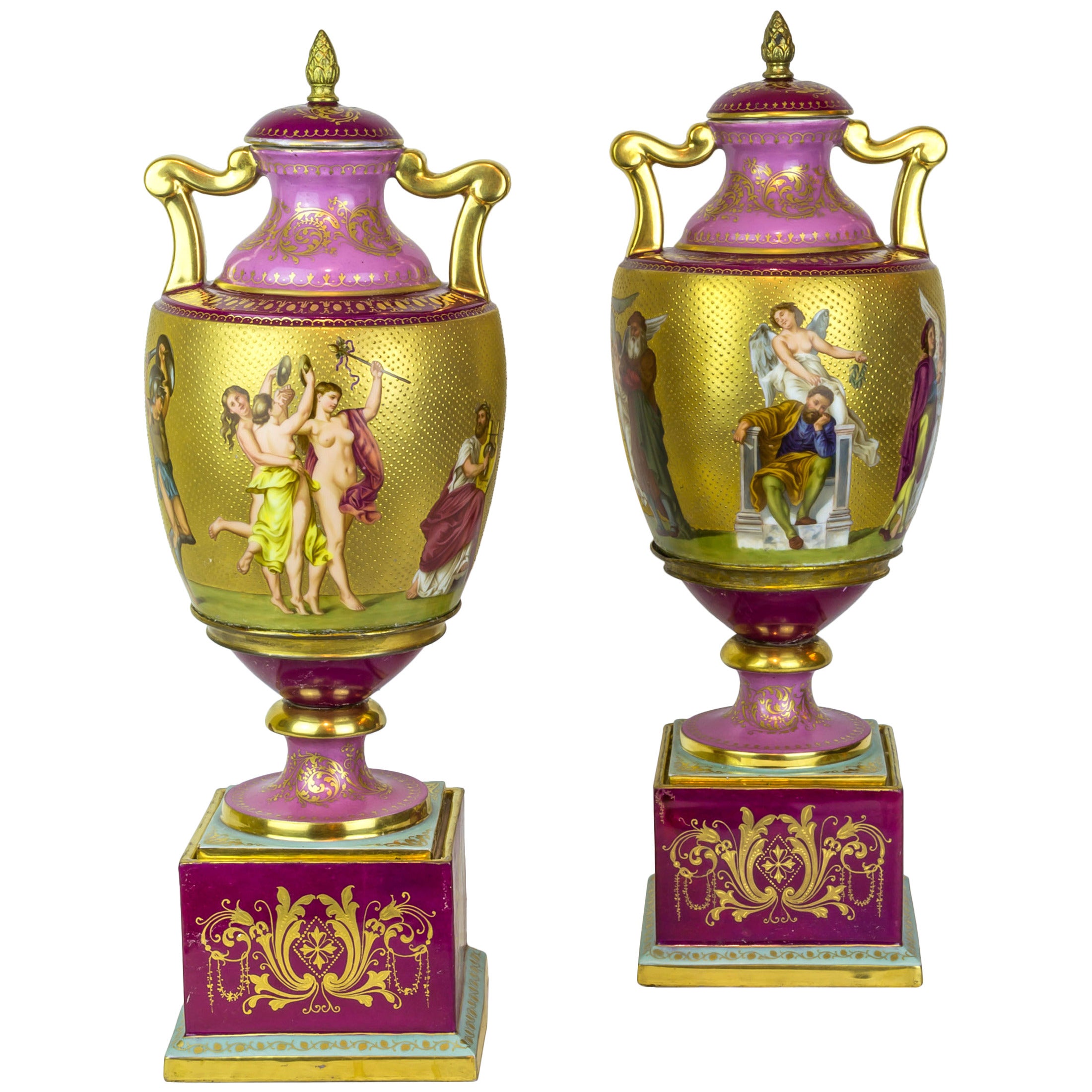 Magnificent Pair of Royal Vienna Neoclassical Painted Porcelain Covered Vases