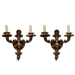 Vintage Pair of Silvered Bronze Two-Arm Wall Light Sconces Attributed to Caldwell