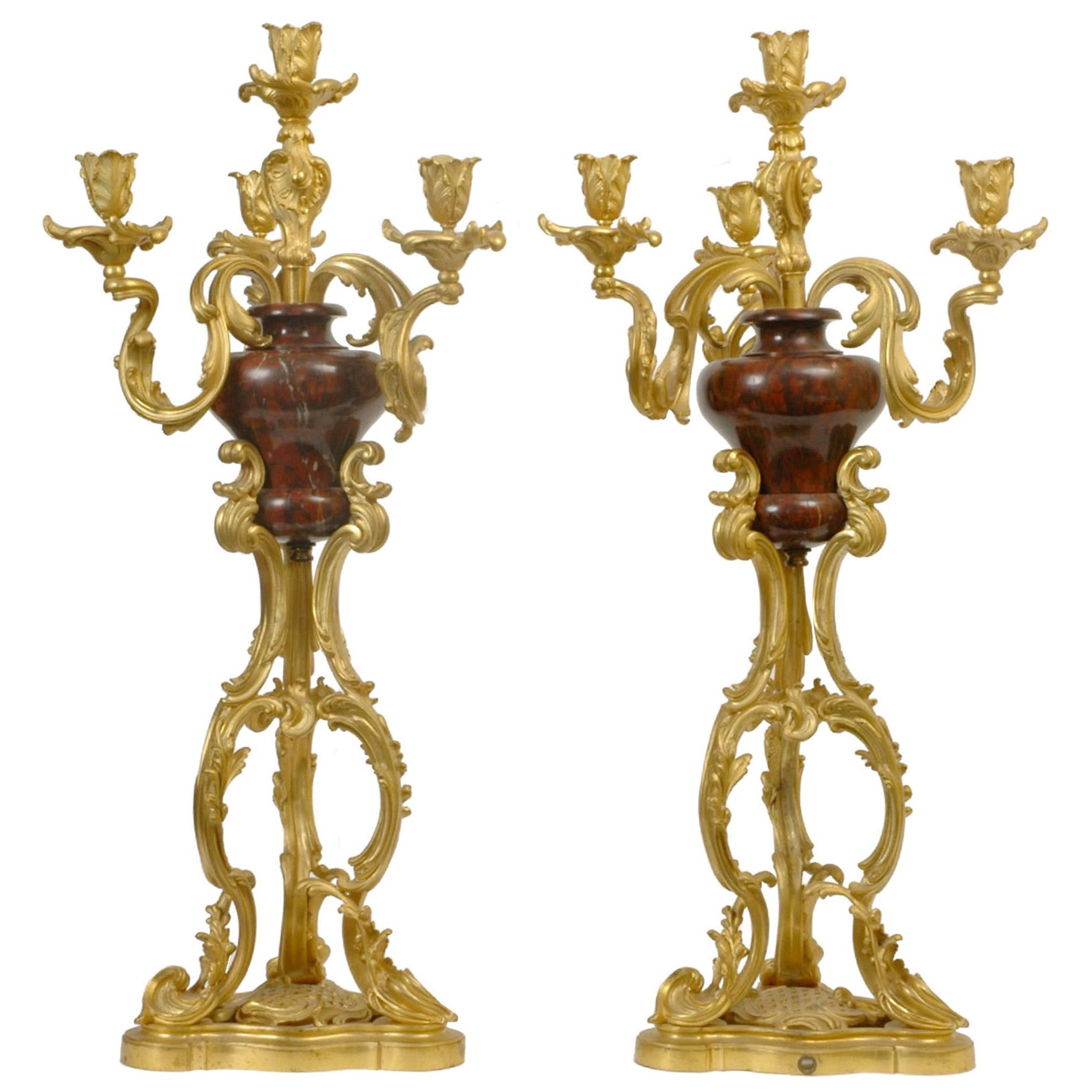 Pair of Louis XV Style Gilt Bronze and Marble Candelabras