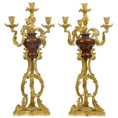 Pair of Louis XV Style Gilt Bronze and Marble Candelabras