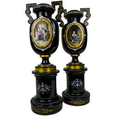 Pair of Bohemian Glass Vases on Stand with Painted Enamel Scene Decorations 4