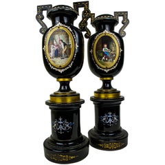 Pair of Bohemian Glass Vases on Stand with Painted Enamel Scene Decorations