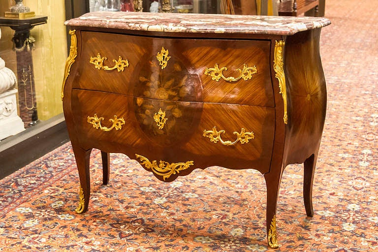 Pair of Inlaid Marquetry Marble Top Commodes in Louis XV Style
Stock Number: F17