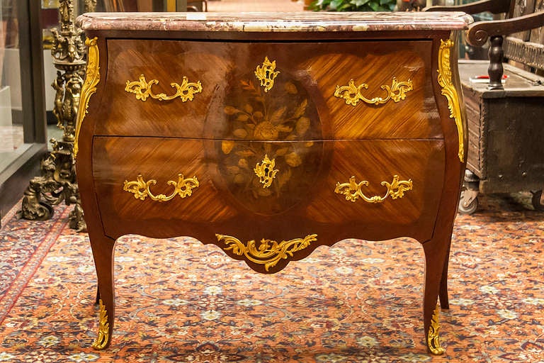 French Pair of Inlaid Marble Top Commodes