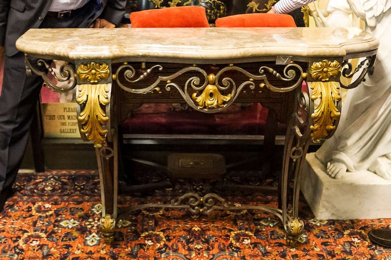 Wrought Iron Marble Top Console Table with Gilt Highlights In Good Condition In New York, NY