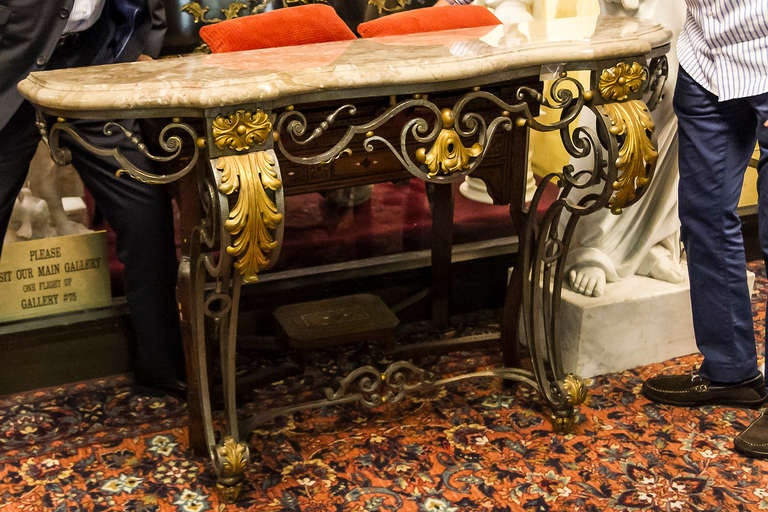 French Wrought Iron Marble Top Console Table with Gilt Highlights
