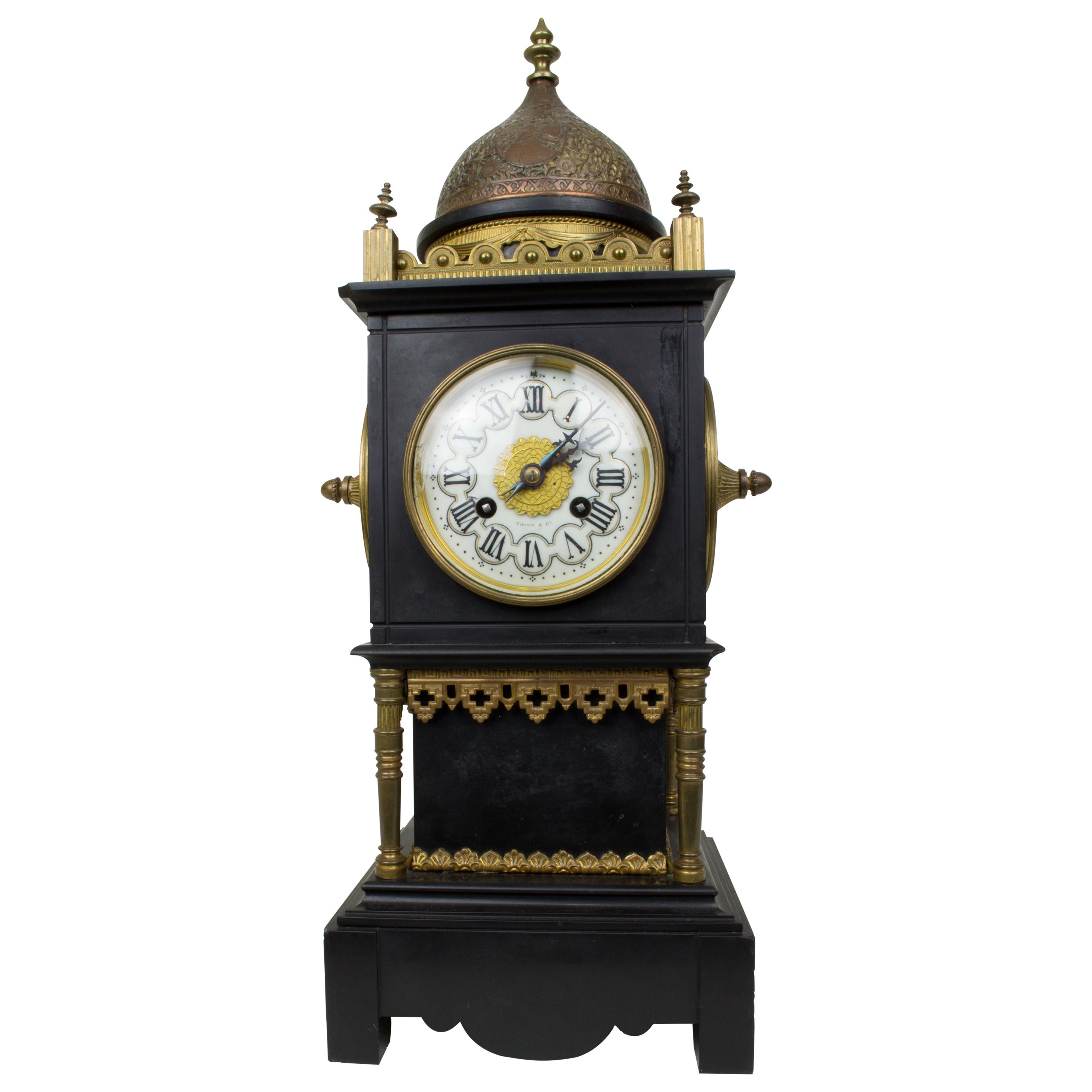 Orientalist Tiffany Bronze and Marble Square Form Mantle Clock