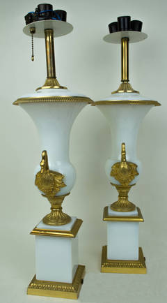 Pair of White Opaline and Bronze Neoclassical Lamps