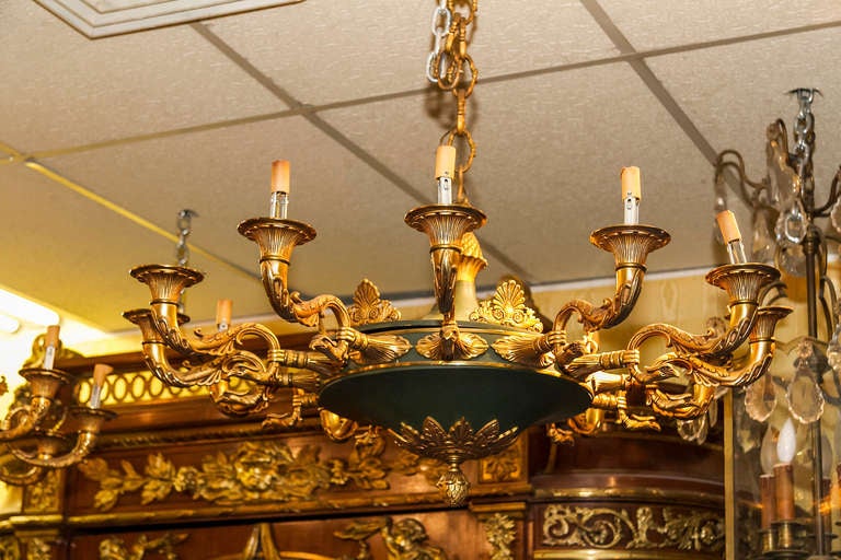 19th Century Matched Pair of French Empire Style Two-Tone Bronze Twelve-Light Chandeliers