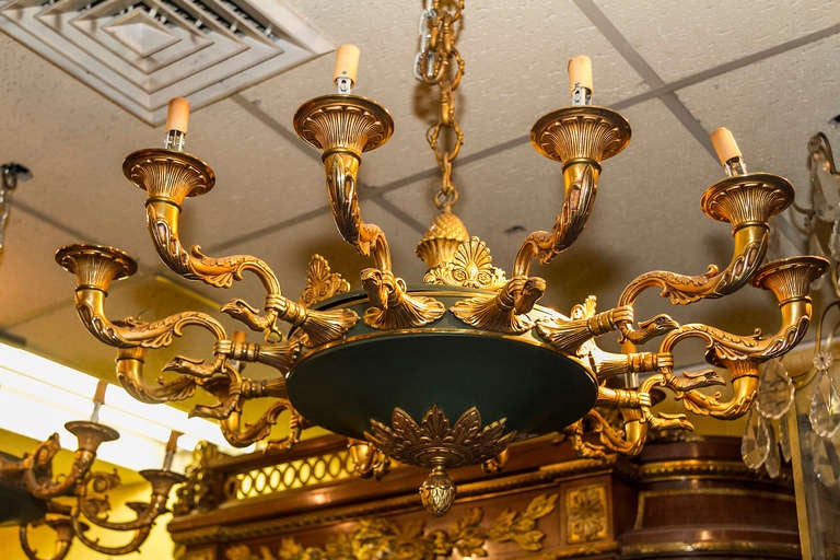 Matched Pair of French Empire Style Two-Tone Bronze Twelve-Light Chandeliers In Good Condition In New York, NY