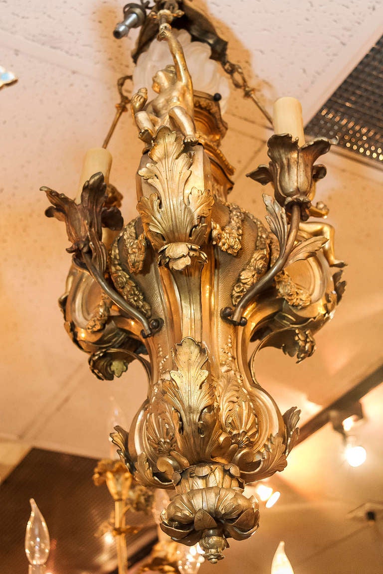 French A Louis XV Style Gilt Bronze Figural 4 Light Cherub Chandelier