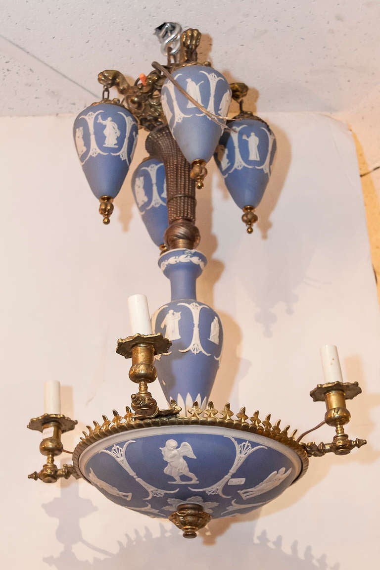 20th Century A Bronze and Wedgwood Blue and White 4 Light Chandelier