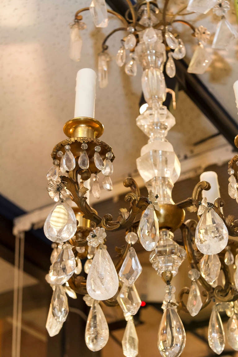 French Rock Crystal and Gilt Bronze Four-Light Chandelier For Sale