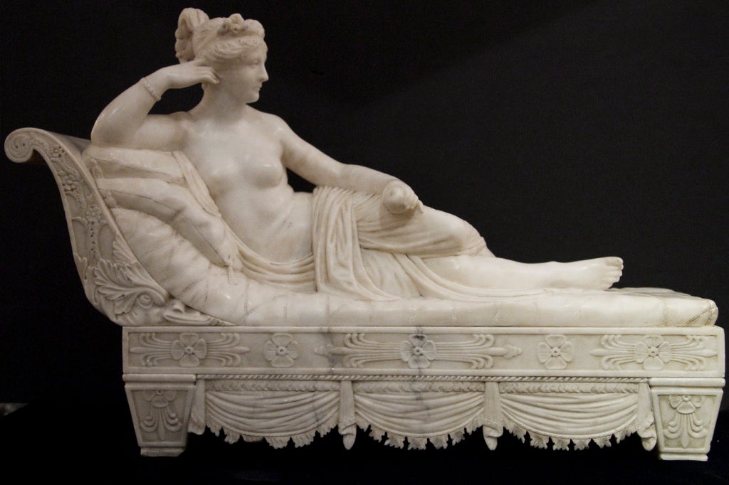 This 19th century alabaster  sculpture after the influential Neoclassical sculptor, Antonio Canova (1757-1822), is a well-crafted interpretation of Paolina Borghese, depicting Napoleon's sister, Princess Borghese, reclining as Venus Victrix.

The