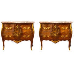 Pair of Inlaid Marble Top Commodes