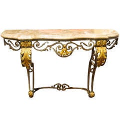Wrought Iron Marble Top Console Table with Gilt Highlights