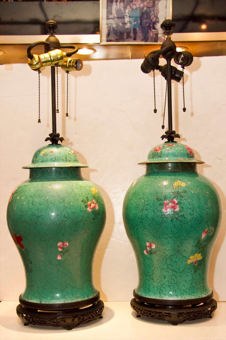 Bronze Pair of Chinese Famillie Rose Table Lamps For Sale