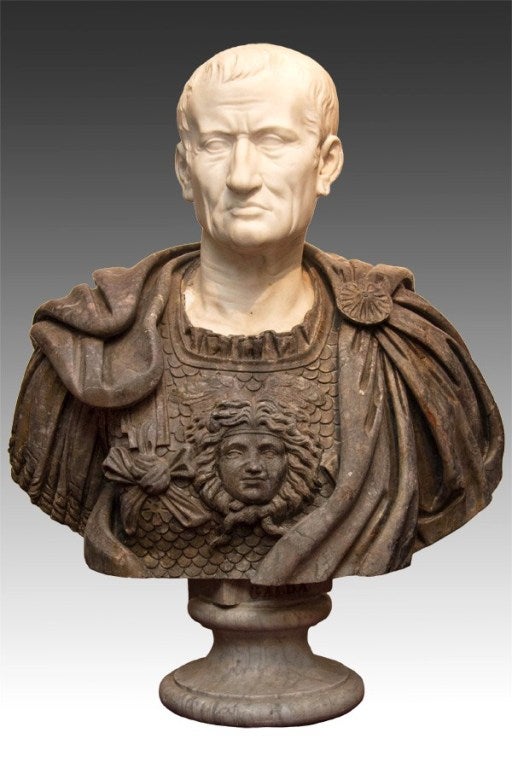 A very fine lifesize marble bust of a Roman Emperor with Medusa face breast plate on front.
Stock number: SC134.